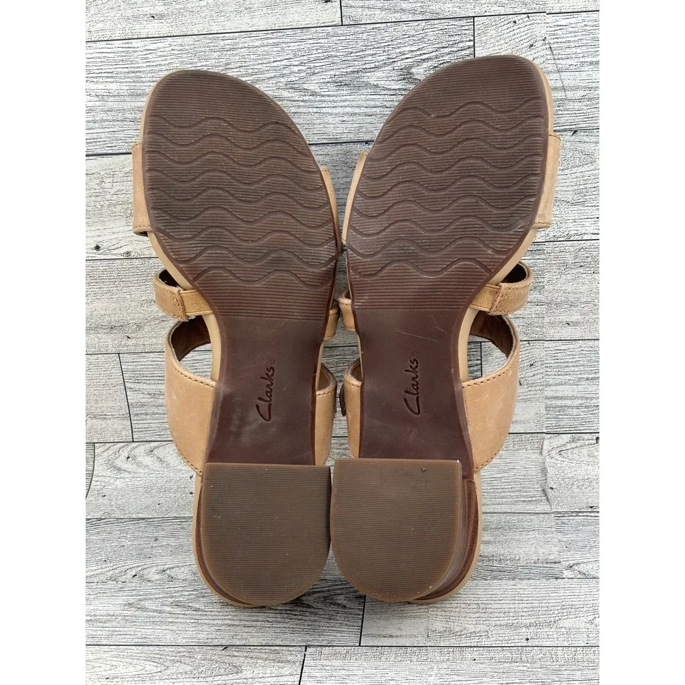 Clarks Collection Tan Leather Strappy Block Heel Sandals Women‎ US 9.5 EU 41